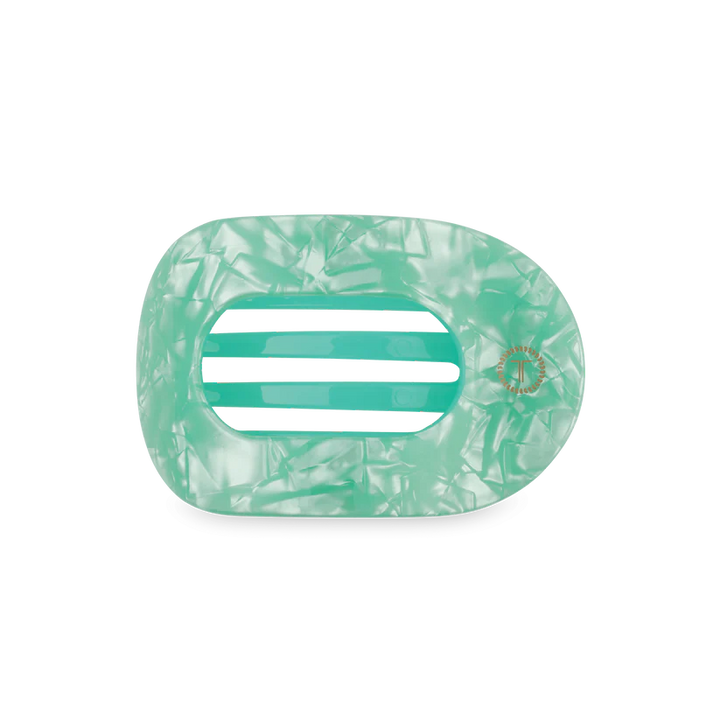 Rectangular pastel blue marbled hair clip with open center, three slots, rounded edges; available in multiple sizes.