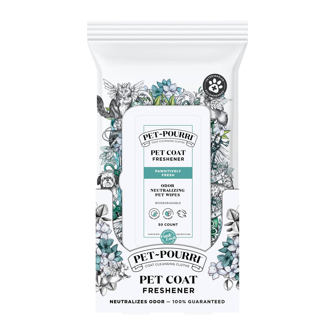 Pet~Pourri Pet Coat Wipes, Pawsitively Fresh scent, 50-count pack, odor neutralizing, 100% guaranteed odor control.