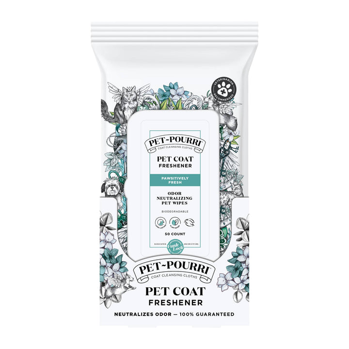 Pet~Pourri Pet Coat Wipes, Pawsitively Fresh scent, 50-count pack, odor neutralizing, 100% guaranteed odor control.