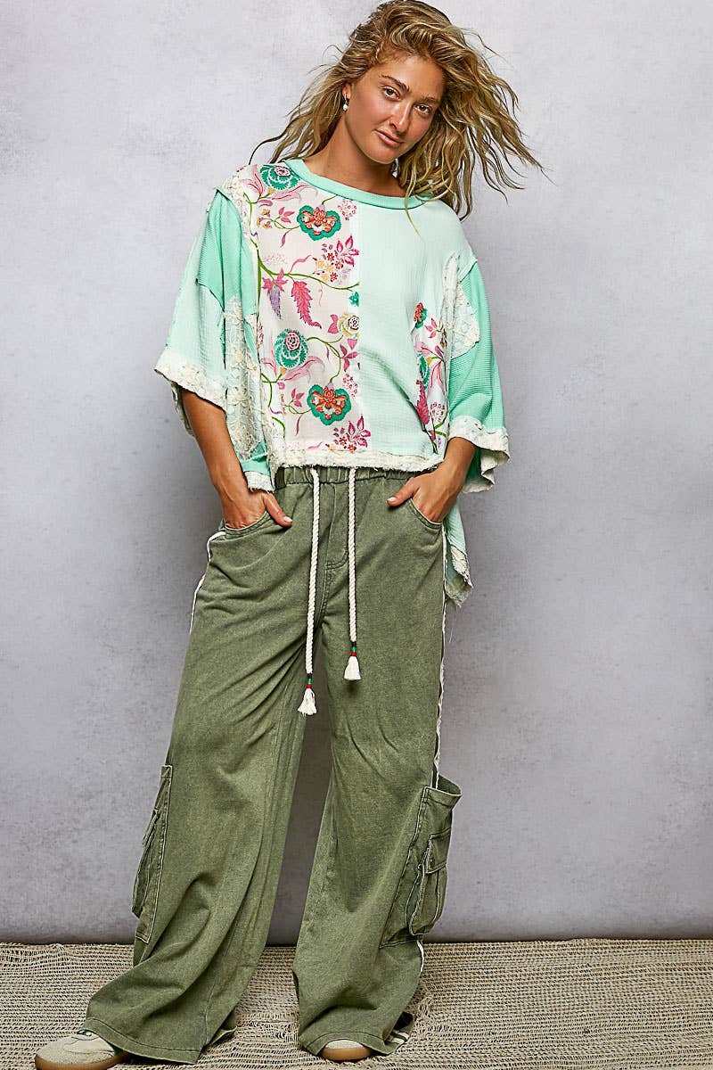 Oversized Round Neck Double Gauze Floral Woven Top. Available in sizes XS-XL.