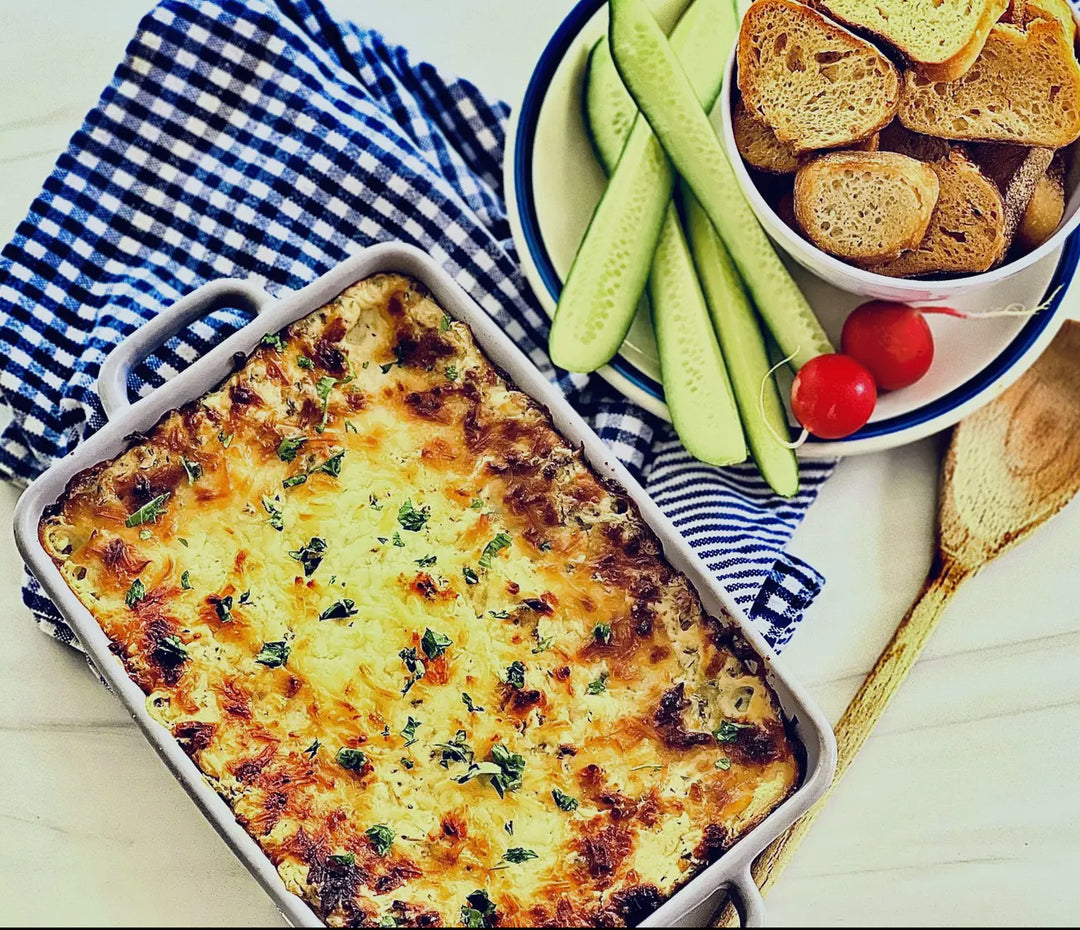Cheesy Baked Spinach Artichoke Dip Mix casserole, available in 8 oz and 16 oz sizes.