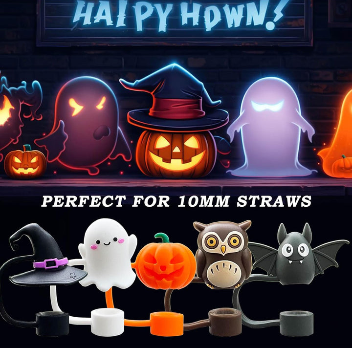 Halloween silicone straw covers in five shapes: witch hat, ghost, jack-o’-lantern, owl, and bat, for 10mm straws.