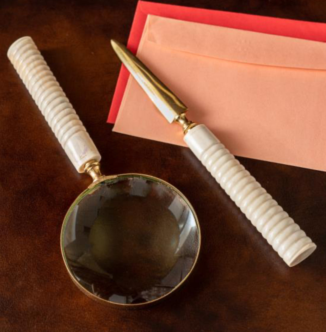 White Horn Letter Opener with white ribbed handle. Available sizes: 6", 8".
