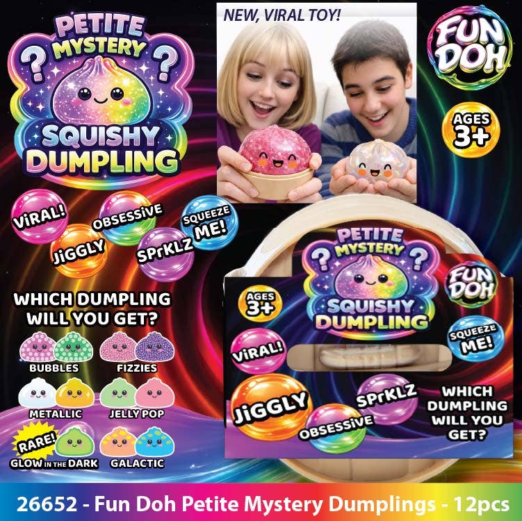 Fun Doh Squishy Mystery Mini Petite 2.5" Dumpling Toy, glow in the dark, jiggly, box contains 12, for ages 3+.