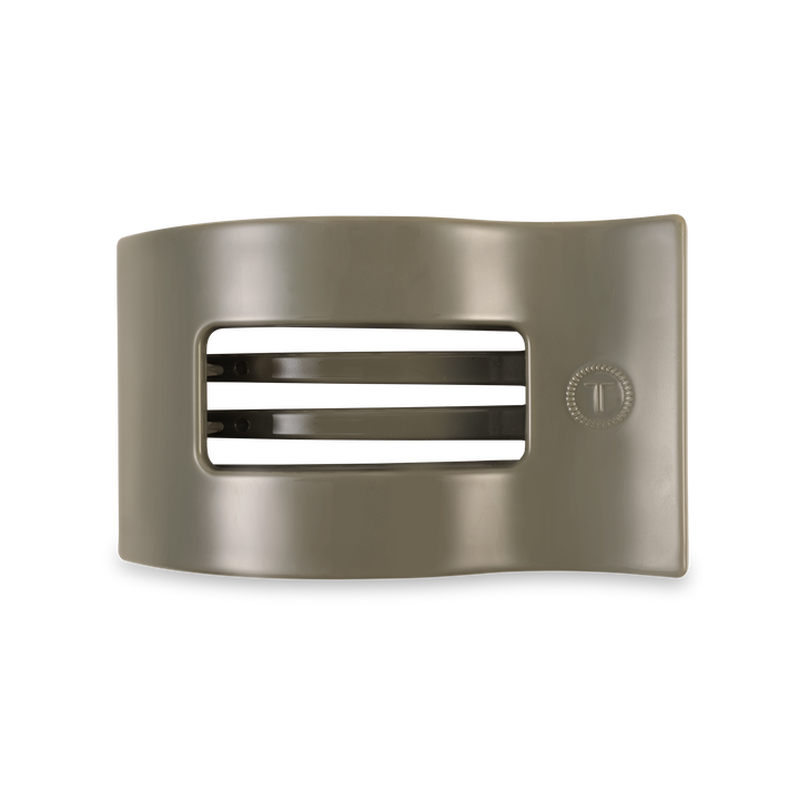 Khaki TELETIES Flat Rectangle Hair Clip with curved shape, two inner prongs, small side circle. Available in various sizes.