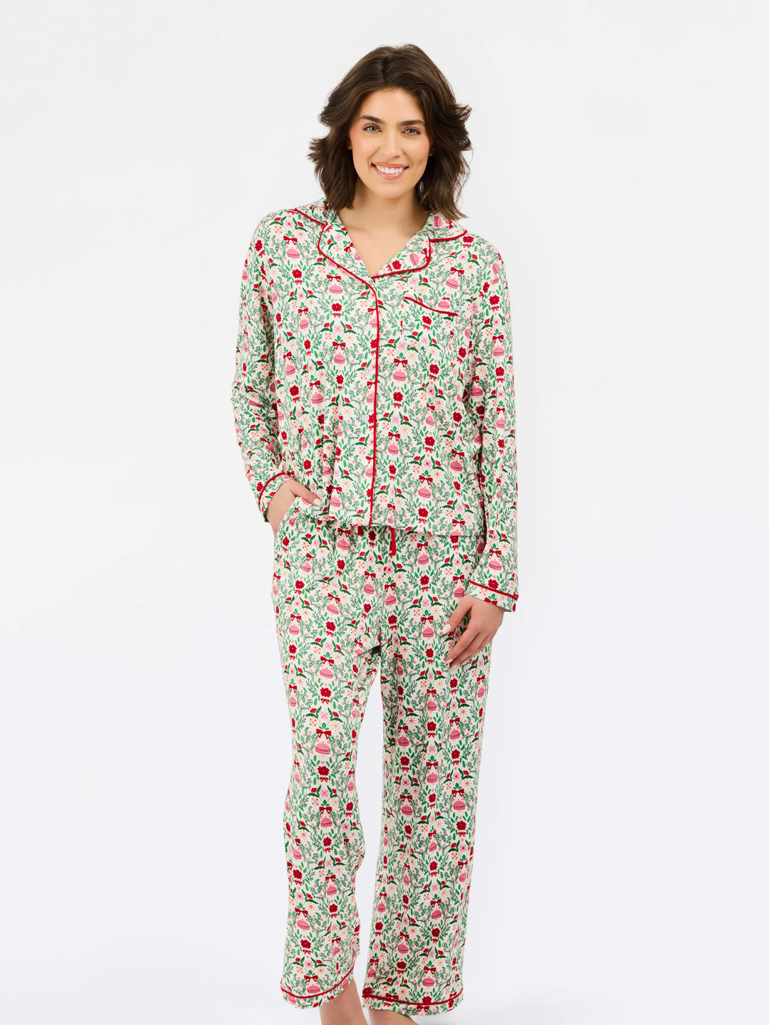 Charlotte Trimmed with Joy Pants Set: long-sleeve button-up pajama top and matching pants in a holiday ornament and floral print with red piping. Available in multiple sizes.