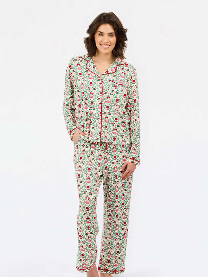Charlotte Trimmed with Joy Pants Set: long-sleeve button-up pajama top and matching pants in a holiday ornament and floral print with red piping. Available in multiple sizes.