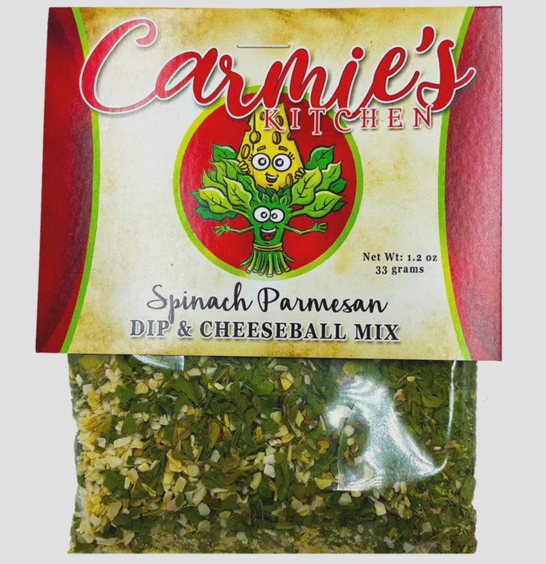 Spinach Parmesan Dip & Cheeseball Mix, red/green label, cartoon spinach, clear pouch. Available in 6oz and 12oz sizes.