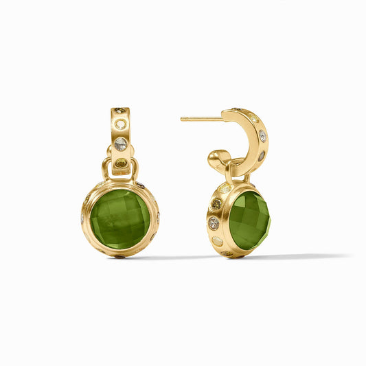 Gold plated hoops with round faceted green stones, clear accents, post-back closure. Sizes available: not specified.
