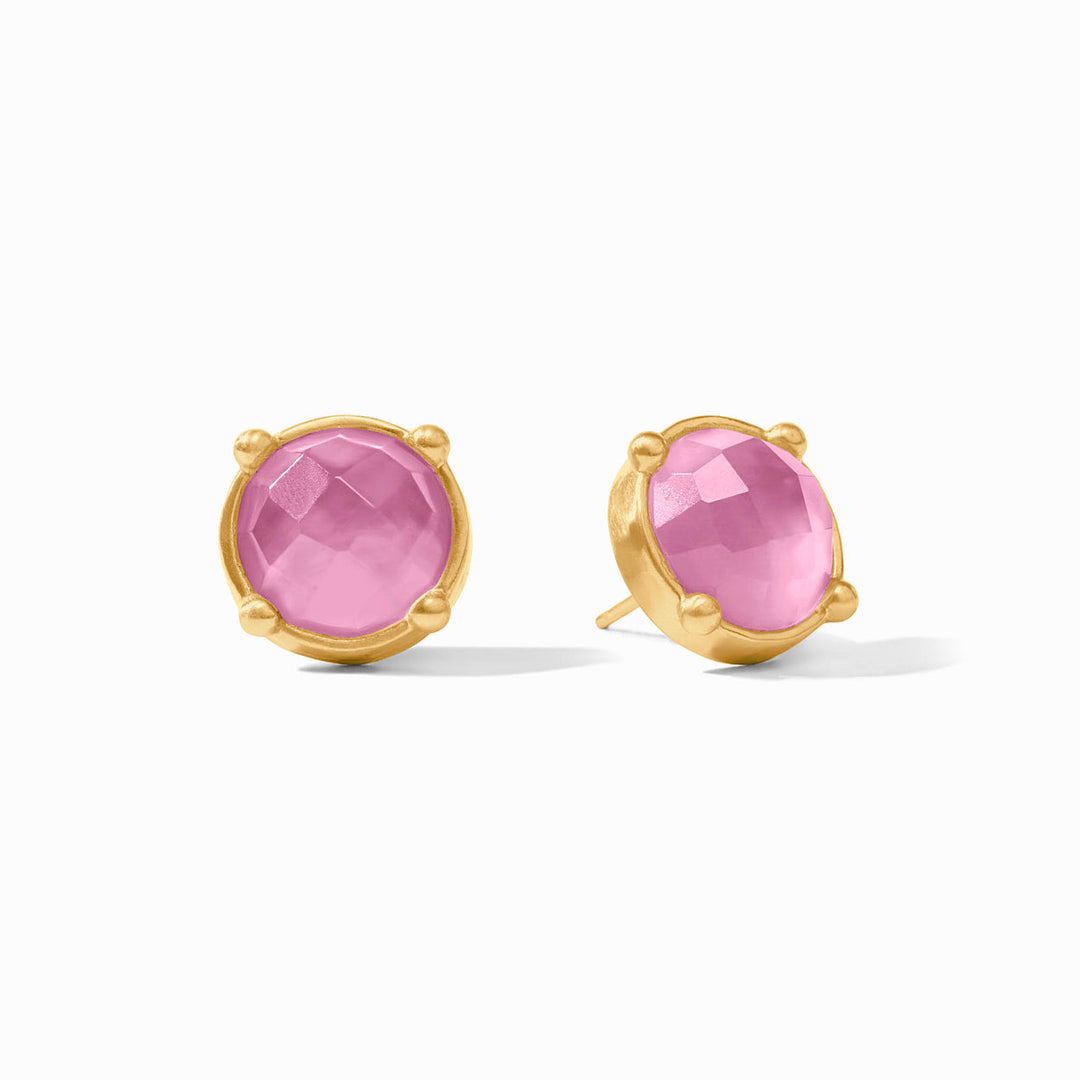Honey Stud Iridescent Tourmaline Pink earrings with round pink iridescent faceted tourmaline gemstones in 24K gold-plated metal.