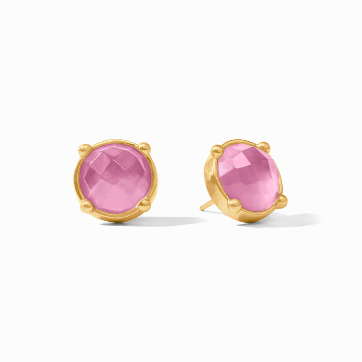 Honey Stud Iridescent Tourmaline Pink earrings with round pink iridescent faceted tourmaline gemstones in 24K gold-plated metal.
