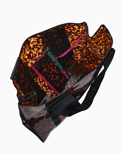 Mahjong Beach Bag: open tote with sleek black straps and glossy tortoiseshell exterior. Interior lined in matching tortoiseshell, includes a zippered pocket with “Oh My Mahjong” lettering in pink and turquoise. Available sizes: one size.