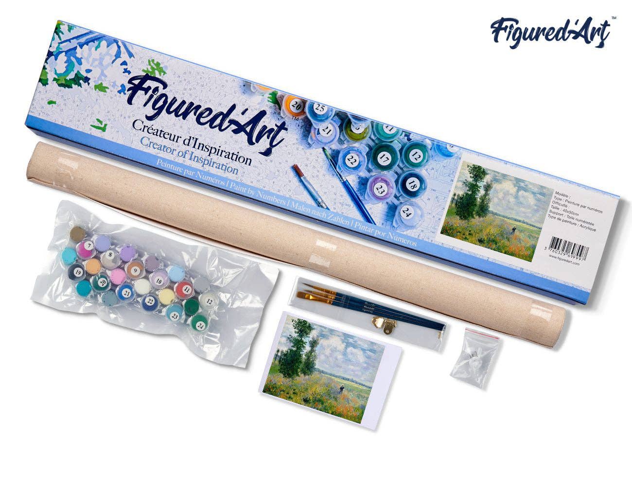 The Monet Field of Poppies Paint by Numbers kit, 16"x20", includes canvas, paint pots, brushes, image reference, and bags.