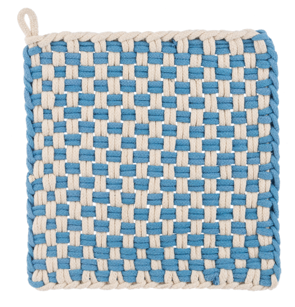 Woven square potholder with blue and off-white checkerboard pattern and corner hanging loop; available sizes not specified.