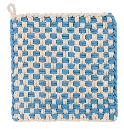 Woven square potholder with blue and off-white checkerboard pattern and corner hanging loop; available sizes not specified.