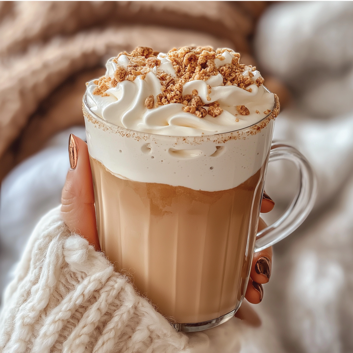 Sugar Free Cookie Butter Syrup (Harvest) latte with whipped cream and cookie crumbles. Available in all sizes.