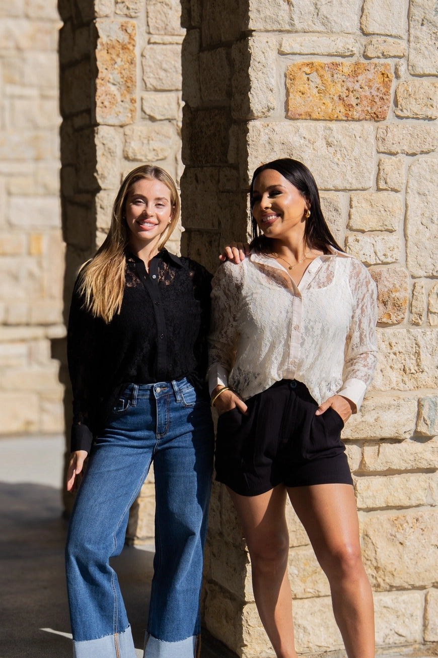 Kathryn Classic Lace Button-Up shown; available in XS–XL.