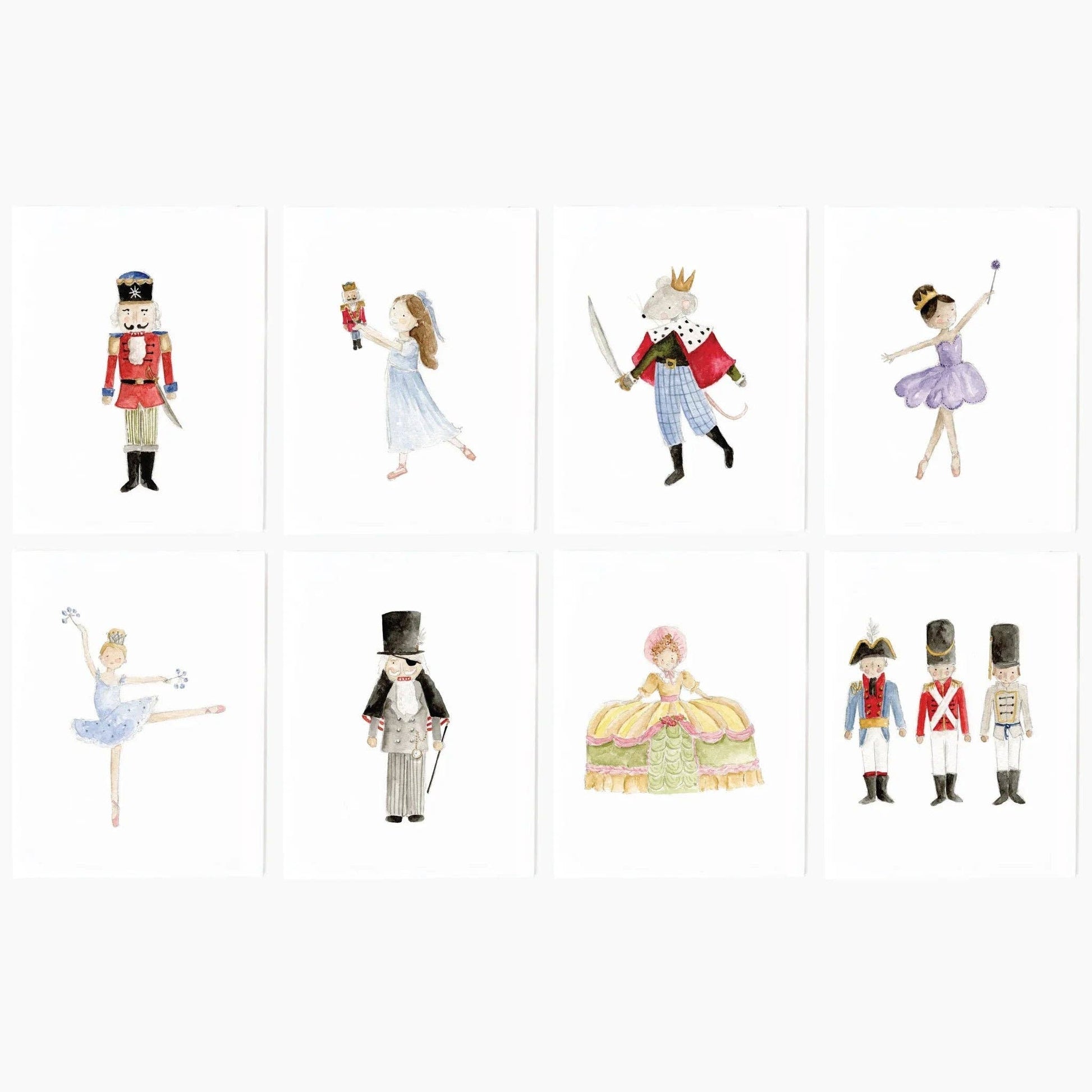 Nutcracker assorted notecard set featuring eight watercolor illustrations of characters. Available in standard notecard size.