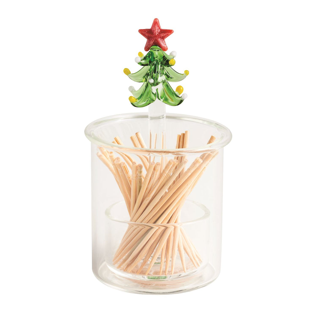 Holiday Glass Toothpick Holder featuring a decorative glass Christmas tree topper with a red star and colorful ornaments.