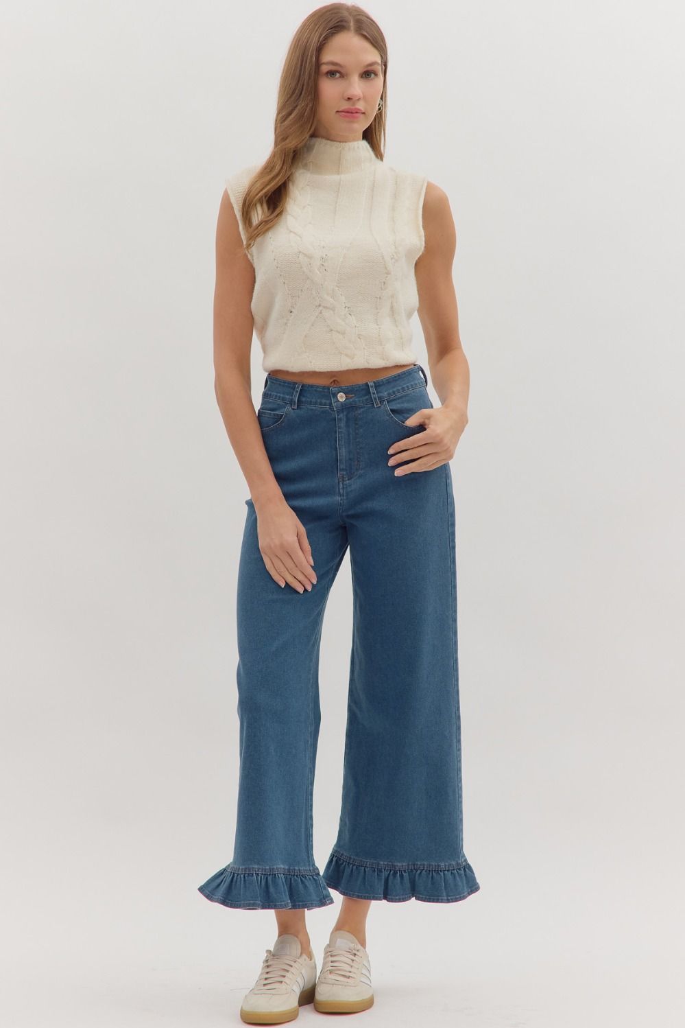 Leah Ruffle Trim Pants with ruffle detail, available in sizes XS–L.