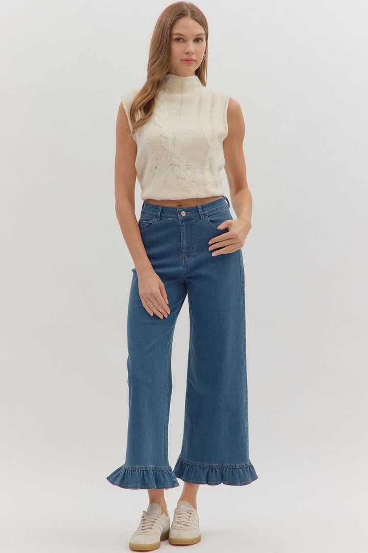 Leah Ruffle Trim Pants with ruffle detail, available in sizes XS–L.