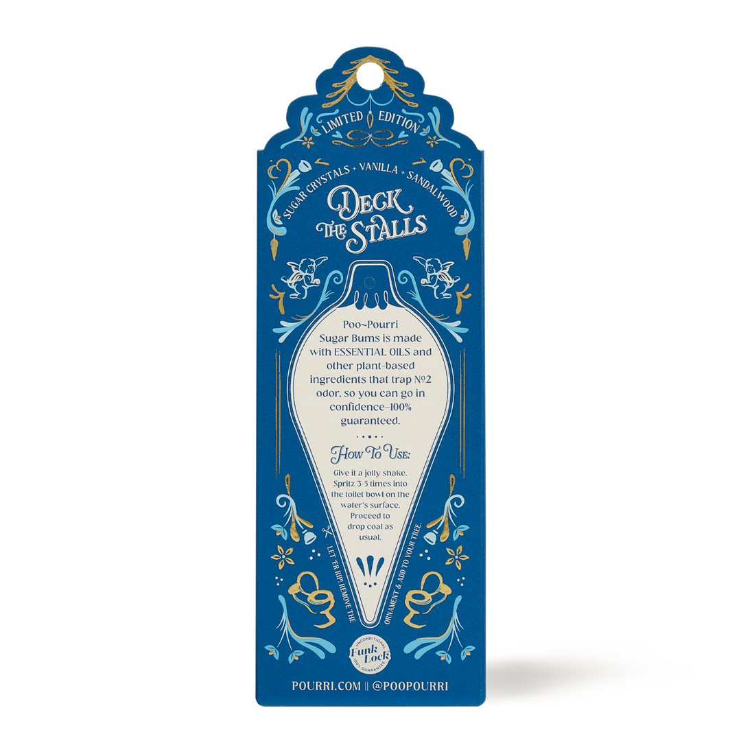Blue and gold label for Holiday Poo~Pourri Sugar Bums, available in 2oz, with festive instructions; sweet vanilla sandalwood fragrance.
