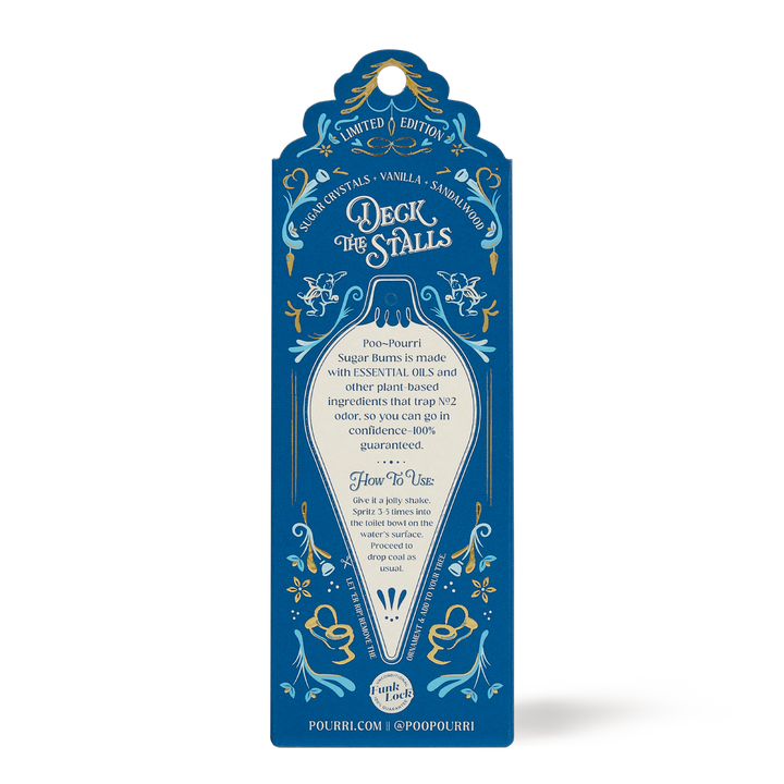 Blue and gold label for Holiday Poo~Pourri Sugar Bums, available in 2oz, with festive instructions; sweet vanilla sandalwood fragrance.