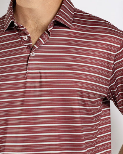 Men’s Maroon Sideline Striped Polo with partially undone top buttons. Available in sizes S-XXL.