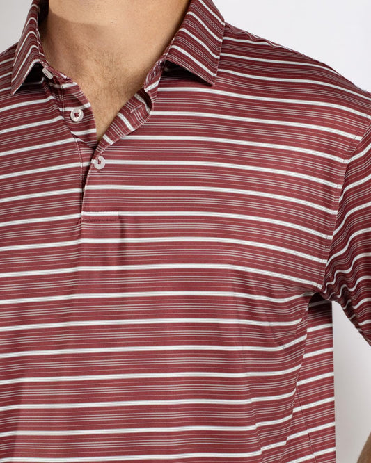 Men’s Maroon Sideline Striped Polo with partially undone top buttons. Available in sizes S-XXL.