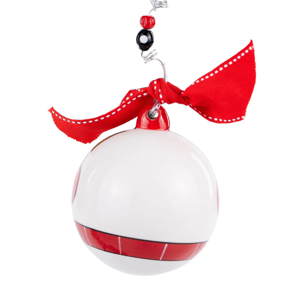 Snowman ornament, white sphere with red and white checkered band, red ribbon, and black and red beads.