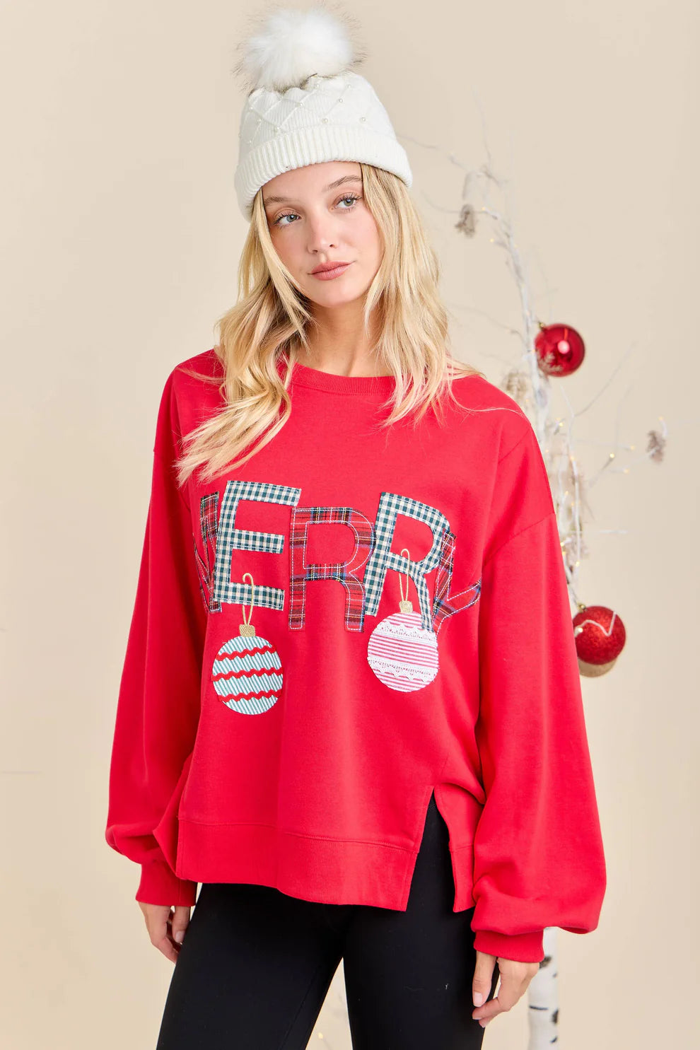 Merry Ornament Patchwork Long Sleeve Top