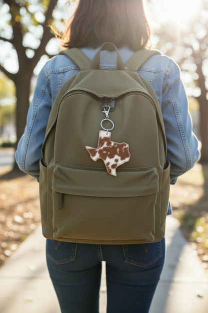 Olive-green backpack with Texas Hide Keychain Clip. Available in small, medium, and large sizes.