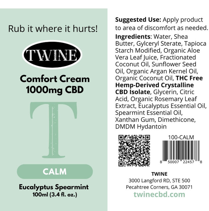 Comfort Cream - Calm CBD topical, 1000mg CBD, eucalyptus &amp; spearmint. 100ml (3.4 fl. oz.) jar. Usage and ingredients on package.