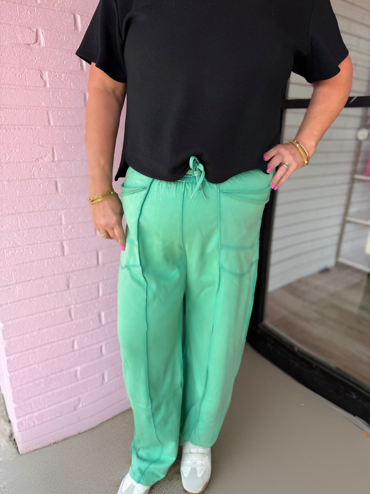 Mineral Wash Barrel Fit Utility Knit Pants. Available in sizes XS-XL.