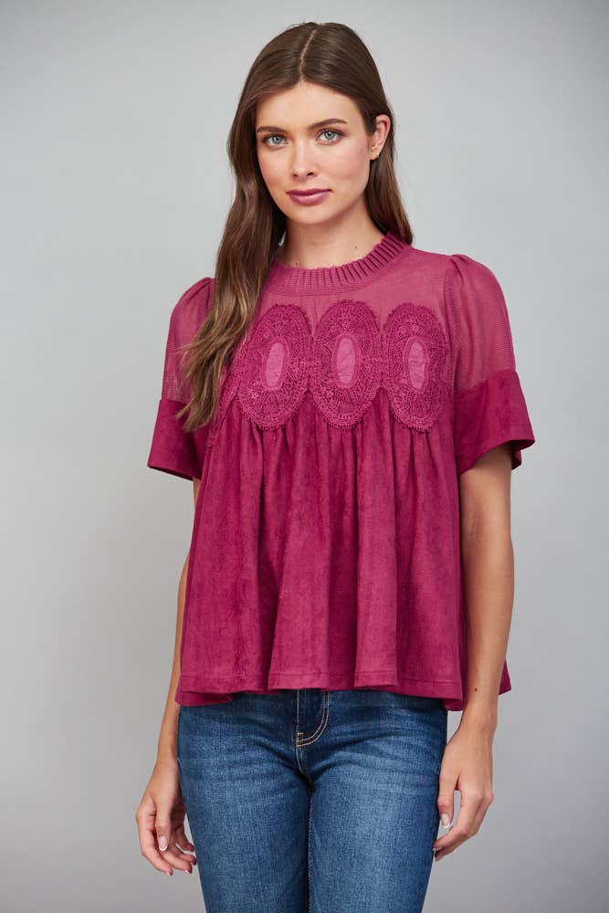 Teal blue short-sleeved top, size M, with sheer mesh upper panel, lace applique, and faux suede body.