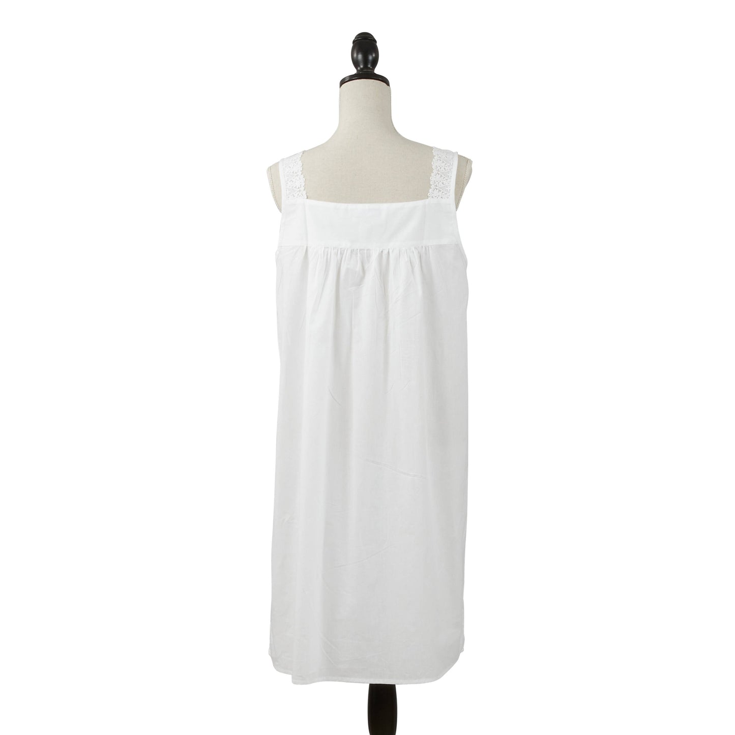 Scoop Neck Embroidered Nightgown, white cotton with lace straps. Available in sizes S–XL.