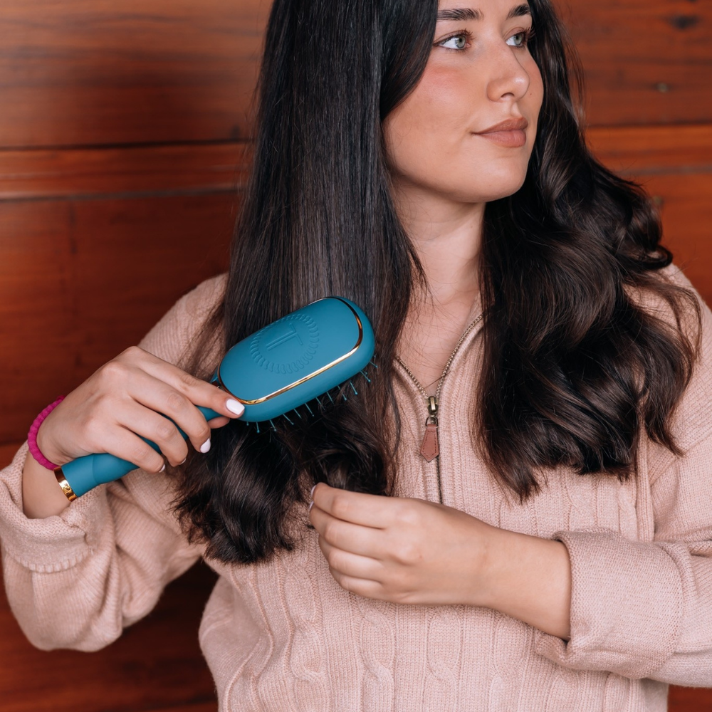 Detangler Hair Brush for Fine Hair - Teal With It shown in use; available in standard and travel sizes.