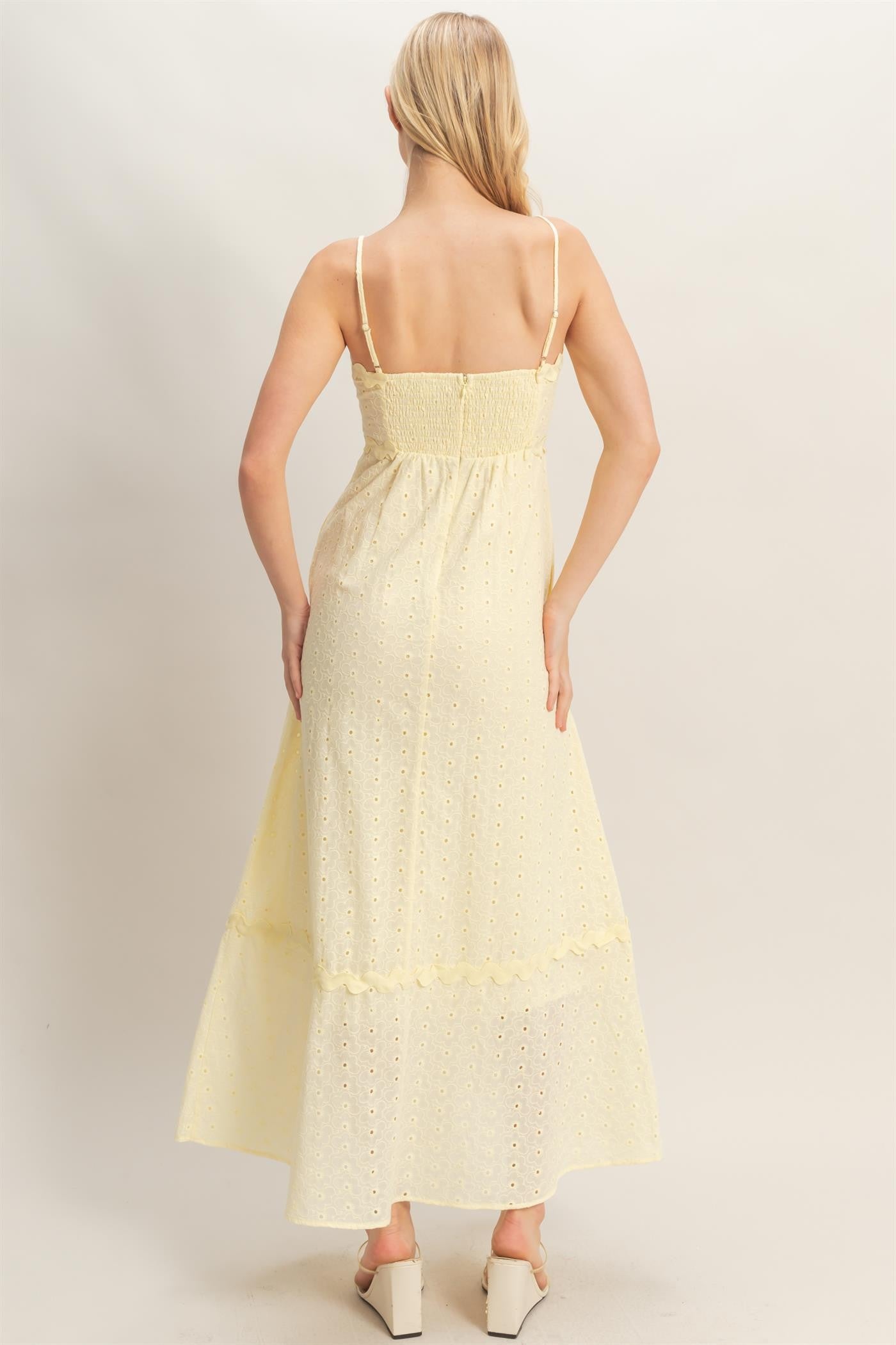 Butter Yellow Scallop Trim Eyelet Midi Dress: sleeveless, spaghetti straps, eyelet detail. Available in sizes XS–XL.