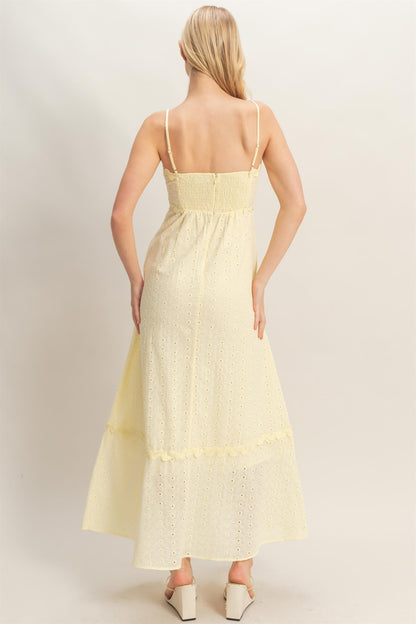 Butter Yellow Scallop Trim Eyelet Midi Dress: sleeveless, spaghetti straps, eyelet detail. Available in sizes XS–XL.