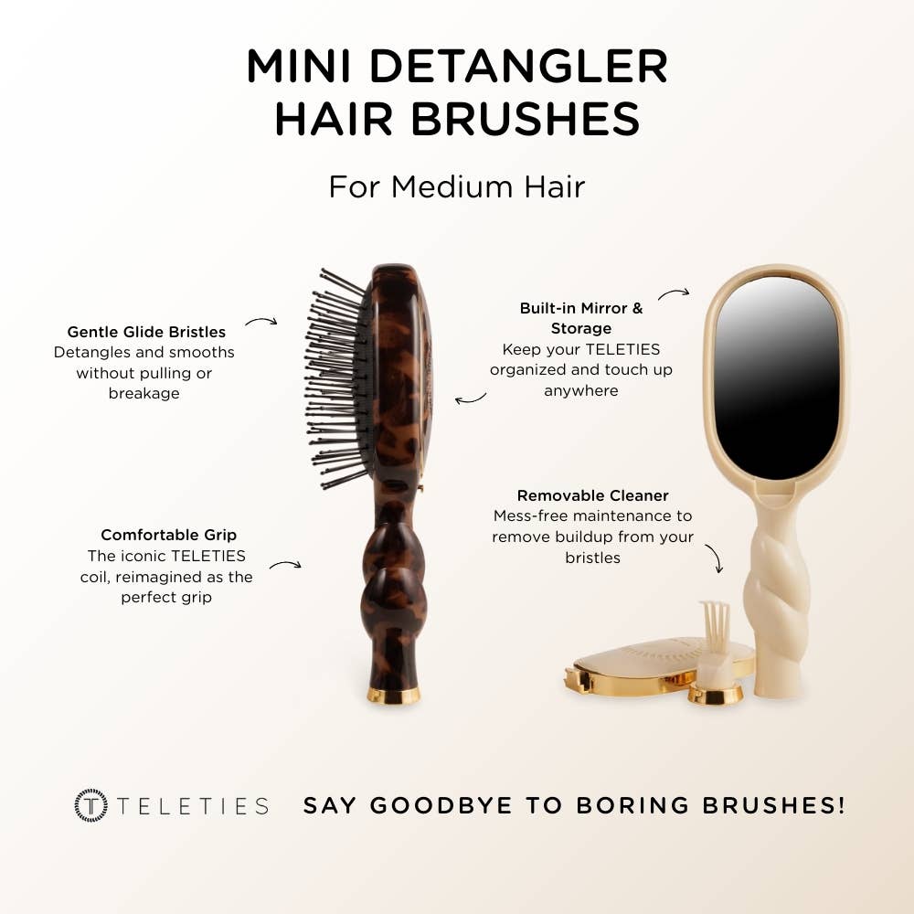 Mini Detangler Brush for Medium Hair in tan with gentle bristles, comfy grip, mirror, removable cleaner; available in mini size.
