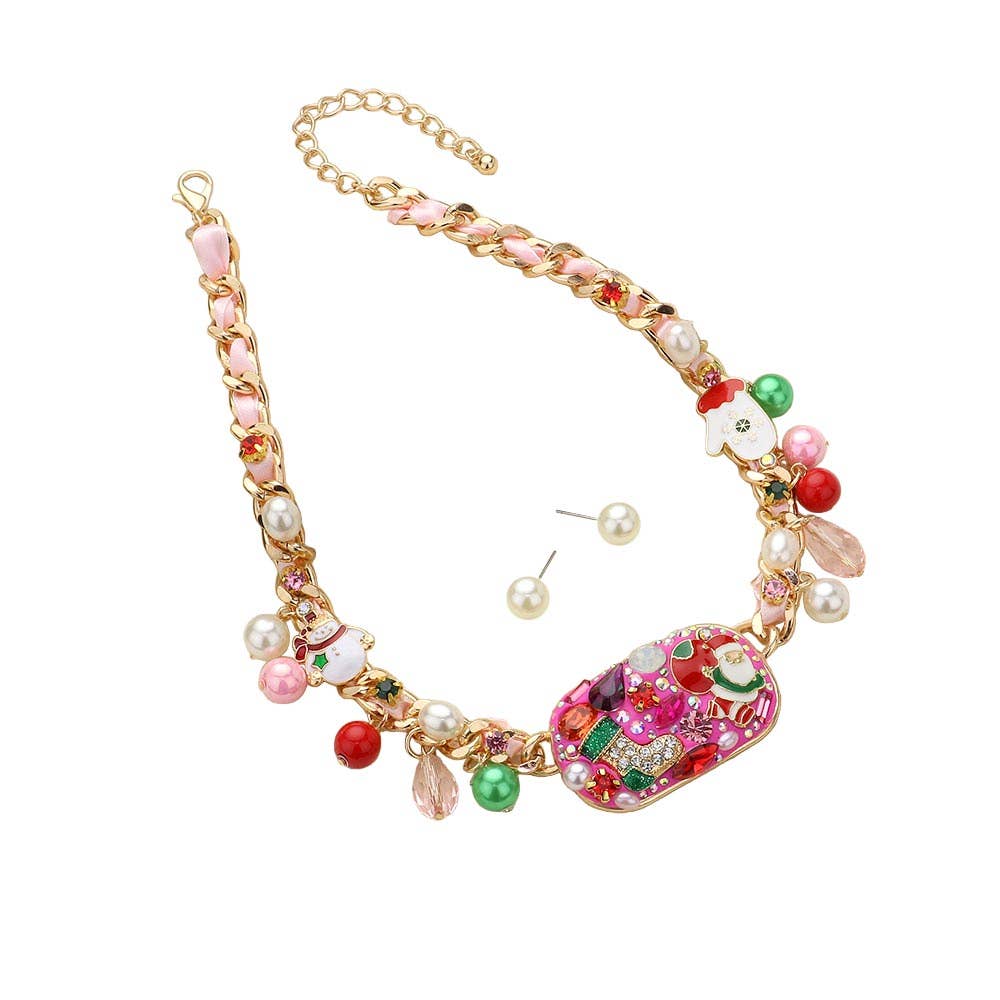 Stone Embellished Enamel Christmas Plate Charm Necklace