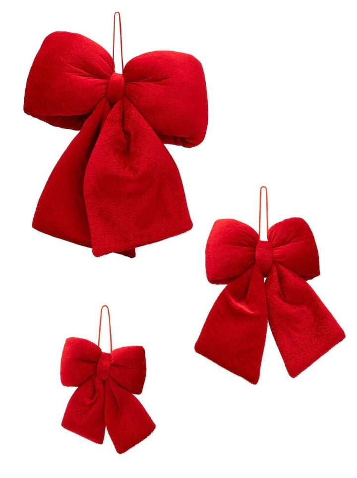 Velvet Red Bows in large, medium, and small sizes with hanging wires.