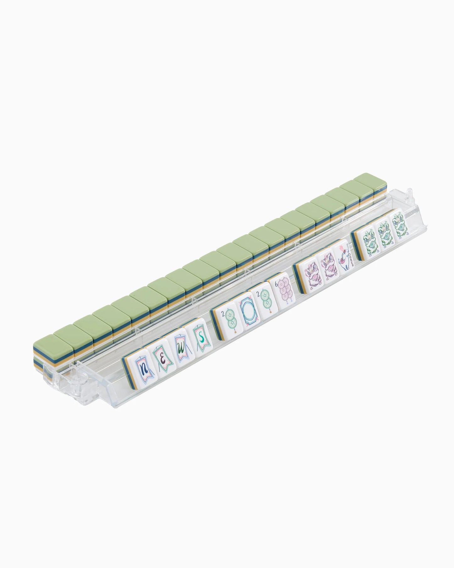 Willow Mahjong Tiles with green backs displayed on a clear rack, seven face-up tiles spell “NEWS 1808” in stylized letters and numbers. Available sizes: standard and large.