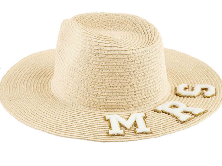 Adjustable beige paper straw Bride fedora with white and gold “MRS” brim patches.
