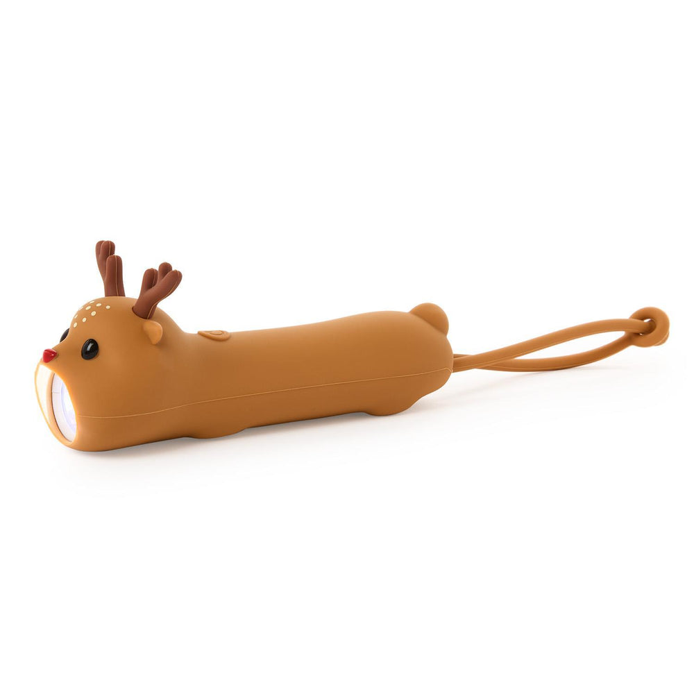 Rechargeable cylindrical reindeer LED flashlight with glowing nose and wrist strap.