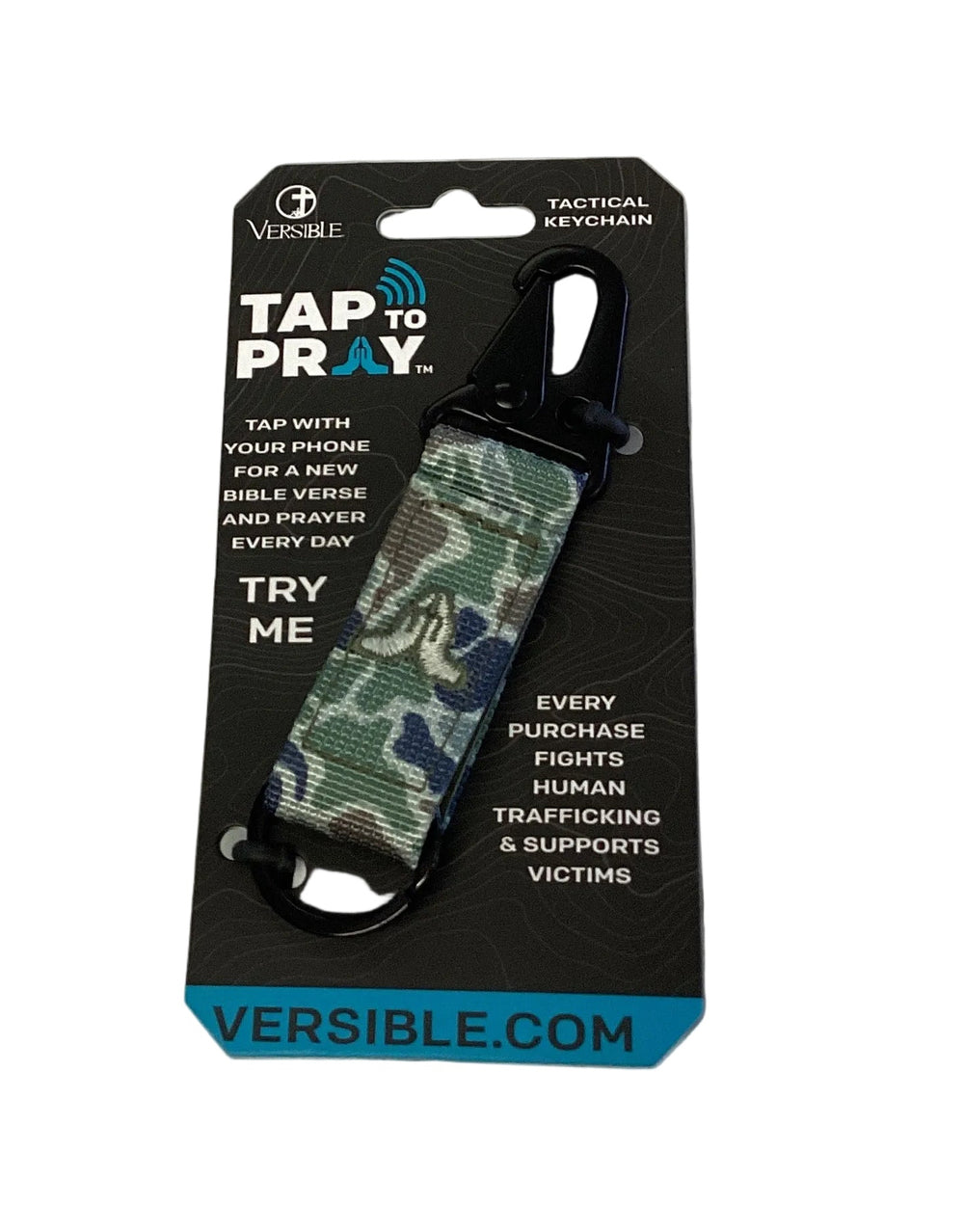 Camouflage Tap To Pray keychain with black carabiner.