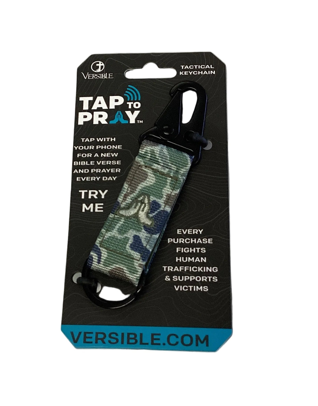 Camouflage Tap To Pray keychain with black carabiner.
