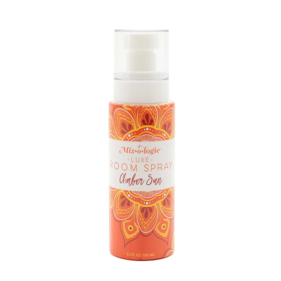 Mix O Logie Room Spray Amber Sun, 3.3 fl oz (100 ml), amber sandalwood scent, orange label, white spray cap.