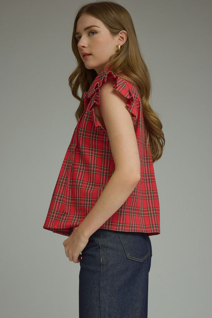 Plaid Ruffle Blouse available in sizes XS-XL.