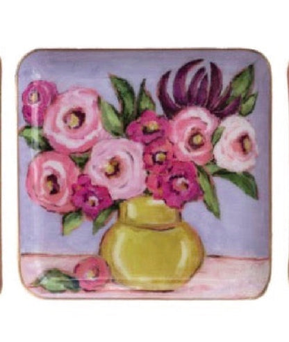 Square Enamel Floral Tray with hand-painted floral vase, pink and purple blooms, and green leaves. Available in multiple sizes.